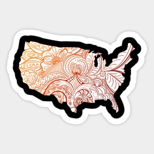 Colorful mandala art map of the United States of America in brown and orange on white background Sticker